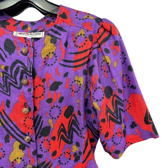 Yves Saint Laurent Vintage 1980s Purple Abstract Linen Blouse Womens 34 US 2 - Picture 5 of 5